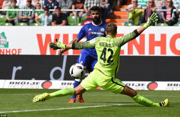 Chelsea's Diego Costa striking home in heir 4-2 win over Werder Bremen. | Photo: AP