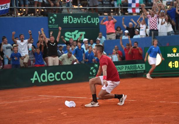 Borna Coric celebrates his tie-clinching five-set win on home soil. Photo: Paul Zimmer/Davis Cup