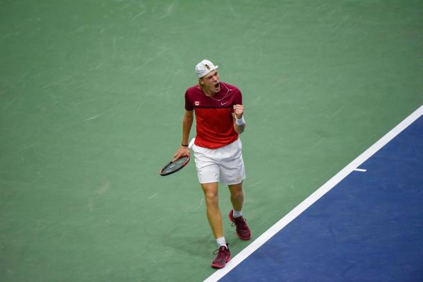 Denis Shapovalov celebrates during his comeback win in Canada's playoff victory. Photo: F10 Sports Photography/Davis Cup