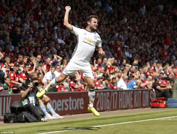 Above: Juan Mata celebrating his goal in Manchester United's 3-1 win over Bournemouth | Photo: Reuters