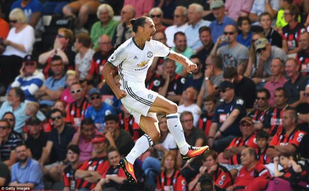 Above: Zlatan Ibrahimovic celebrating Manchester United's third goal in their 3-1 win over Bournemouth | Photo: Getty Images