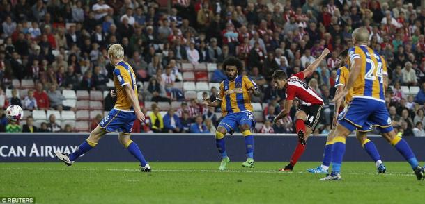 Above: Adnan Januzaj striking home his winning goal in Sunderland's 1-0 win over Shrewsbury Town | Photo: Reuters