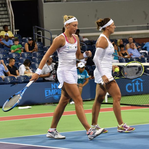 Wickmayer (l.) and Klepac (r.) during the conclusion of the women's doubles set/Photo: John Lupo/VAVEL UK