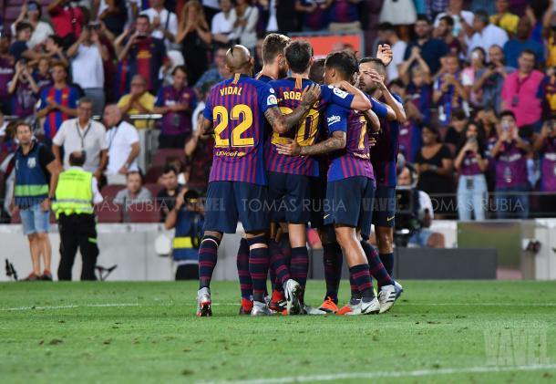 Los futbolistas del Barça celebrando una diana. Foto: Tomás Rubia, VAVEL.com