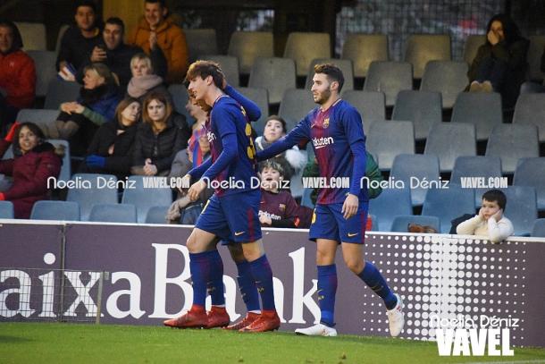 Juan Miranda celebrando su primer gol con el Barça B. Foto: Noelia Déniz, VAVEL