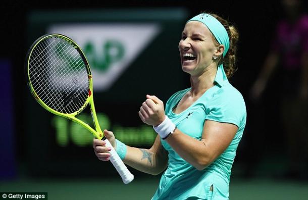 Kuznetsova celebrating a win over Karolina Pliskova in Singapore at the WTA Finals, after coming back from a set down. Photo: Getty Images