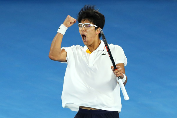 Hyeon Chung celebrates his upset win over Novak Djokovic at the Australian Open. Photo: Getty Images