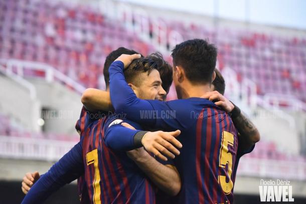 Los jugadores del Barça B celebrando un gol. FOTO: Noelia Déniz