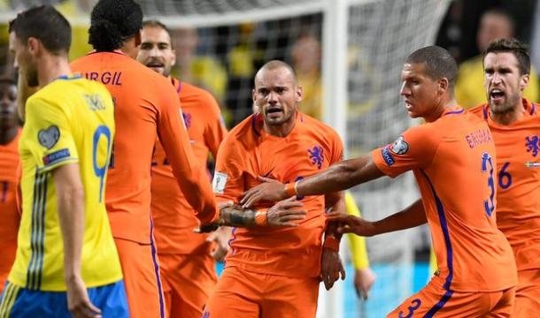Sneijder festeggiato dopo l'1-1 con la Svezia | Fonte immagine: Guardian