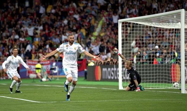 Benzema anotó el primer tanto al Liverpool en la final de Kiev I Foto: Real Madrid