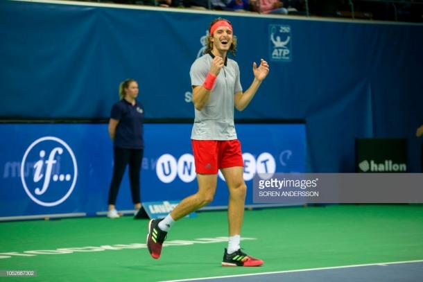 Stefanos Tsitsipas reacts to winning the first title of his career. Photo: Soren Andersson/AFP/Getty Images