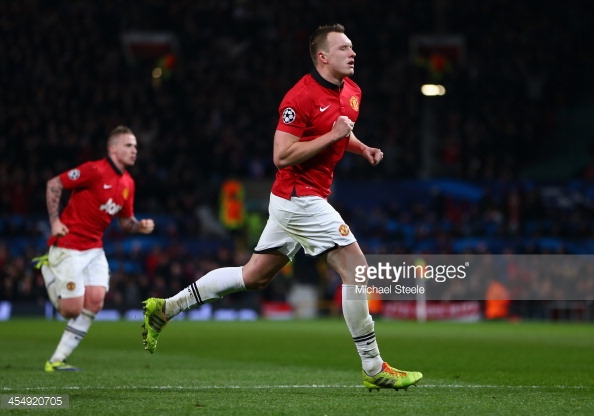 Above: Phil Jones celebrating his goal in Manchester United's 1-0 win over Shakhtar Donetsk back in 2013 | Photo: Getty Images 