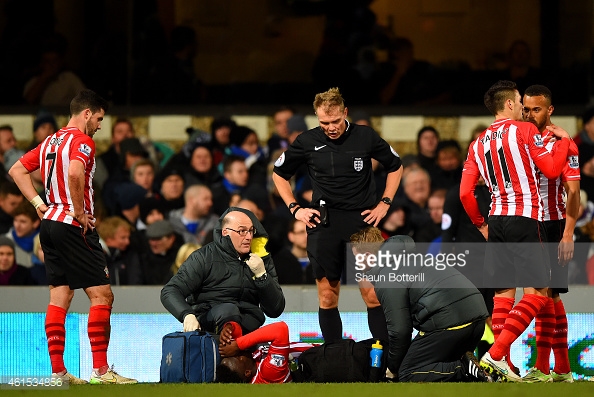 Wanyama, just seconds before half-time and his substitution, pulls his hamstring in the FA Cup against Ipswich. Photo: Getty.