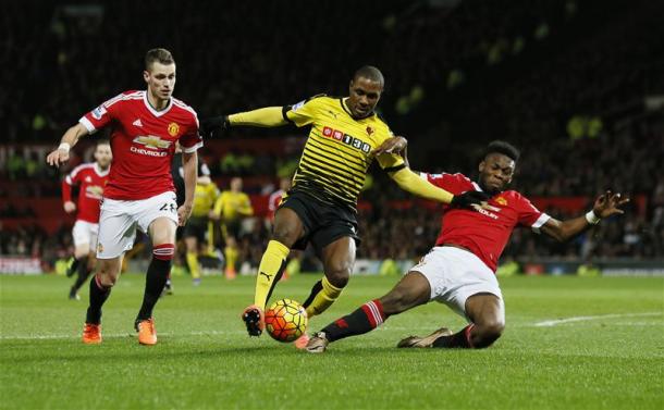 Fosu-Mensah putting in a fantastic challenge against Ighalo In United's 1-0 win | Photo: Getty Images