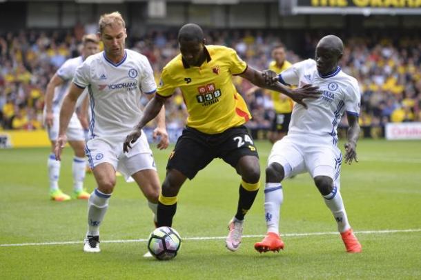 Ighalo holds off challenges from Kante and Ivanovic (Photo: Action Images)