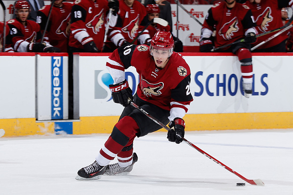 Dylan Strome #20 of the Arizona Coyotes skates with the puck during the NHL preseason game against the San Jose Sharks at Gila River Arena on October 2, 2015 in Glendale, Arizona. (Photo by Christian Petersen/Getty Images)