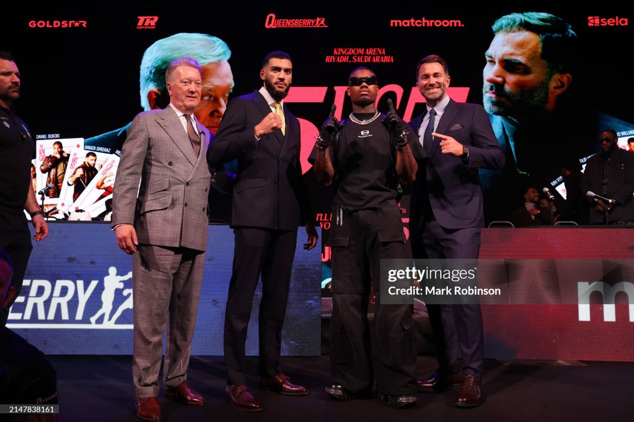 LONDON, ENGLAND - APRIL 15: Matchroom Boxing's Eddie Hearn and Queensberry Promotions Frank Warren with Hamza Sheeraz and Austin Williams during the 5-v-5 launch Press Conference at Outernet London on April 15, 2024 in London, England. (Photo by Mark Robinson/Matchroom Boxing via Getty Images).