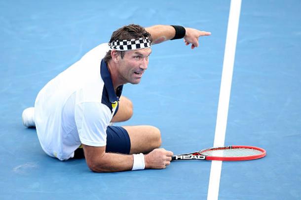 Pat Cash in action during the legends doubles tournament at the 2016 Australian Open (Getty/Michael Dodge)