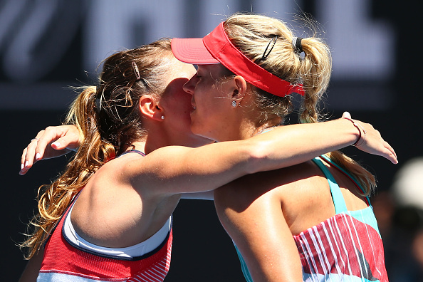 Beck (left) and Kerber (right) embrace each other at the net after the end of their match at the Australian Open earlier this year. Photo credit: Mark Kolbe/Getty Images/