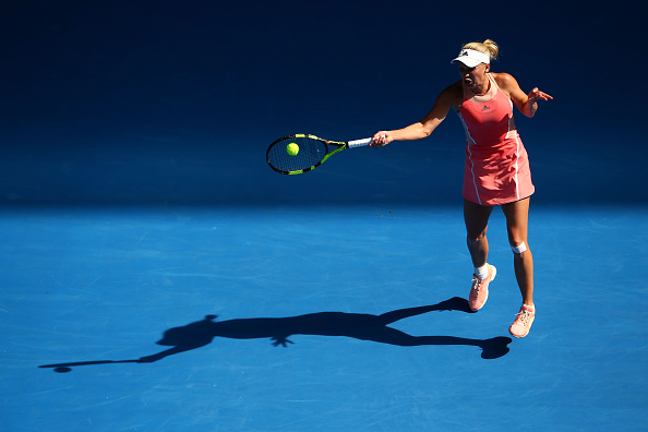 Caroline Wozniacki plays a forehand shot during her first round match at the Australian Open against Yulia Putinseva (Photo:Mark Kolbe/Getty Images)