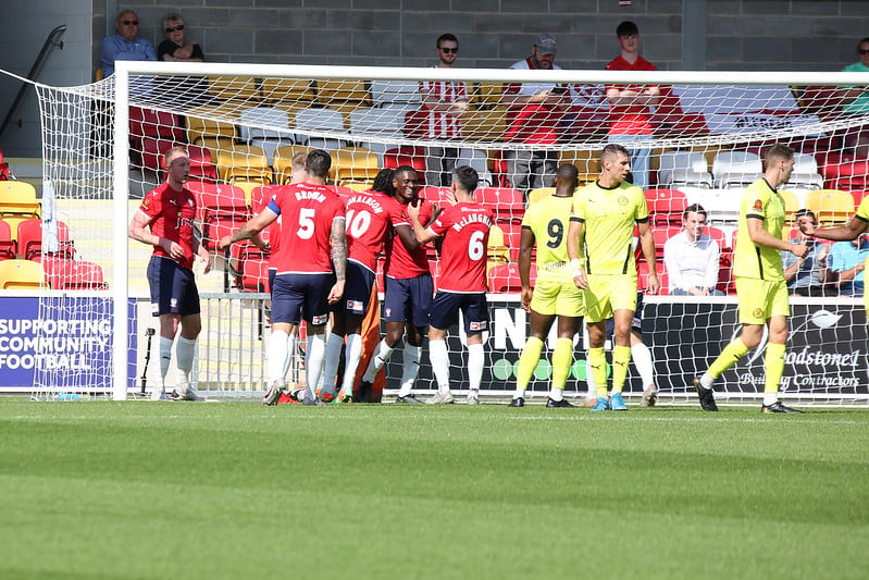 York City players celebrate Akil Wright's opener in the 22nd minute (Photo: Mark Comer)