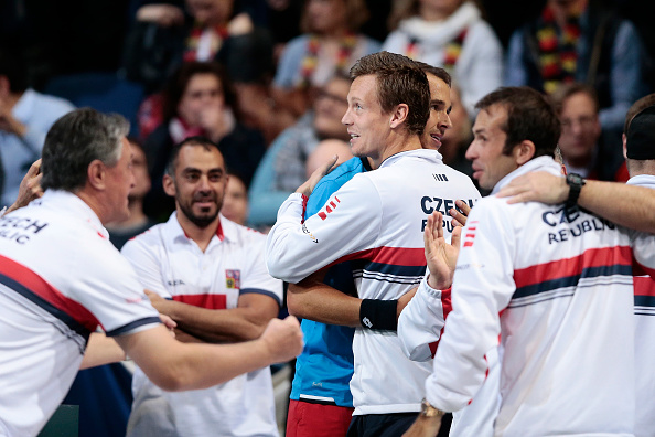Lukas Rosol celebrates with team following a in over Germany in first round of Davis Cup World Group (Photo: Bongarts/Getty Images)