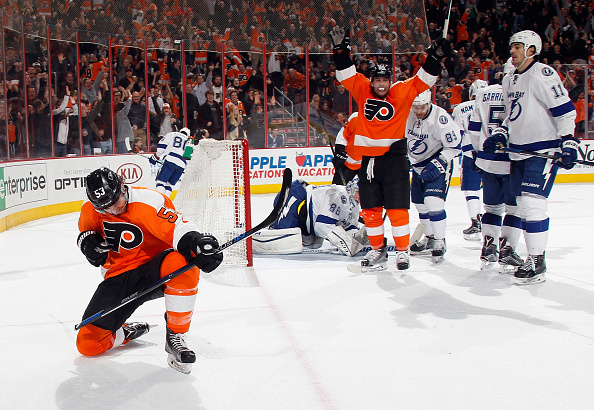 Shayne Gostisbehere #53 of the Philadelphia Flyers (l) celebrates his goal at 16:51 of the second period against the Tampa Bay Lightning at the Wells Fargo Center on March 7, 2016 in Philadelphia, Pennsylvania. (Photo by Bruce Bennett/Getty Images)