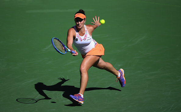 Kovinic reaches for a forehand in her second round clash with Kvitova in Indian Wells in March. Photo credit: Sean M. Haffey/Getty Images.
