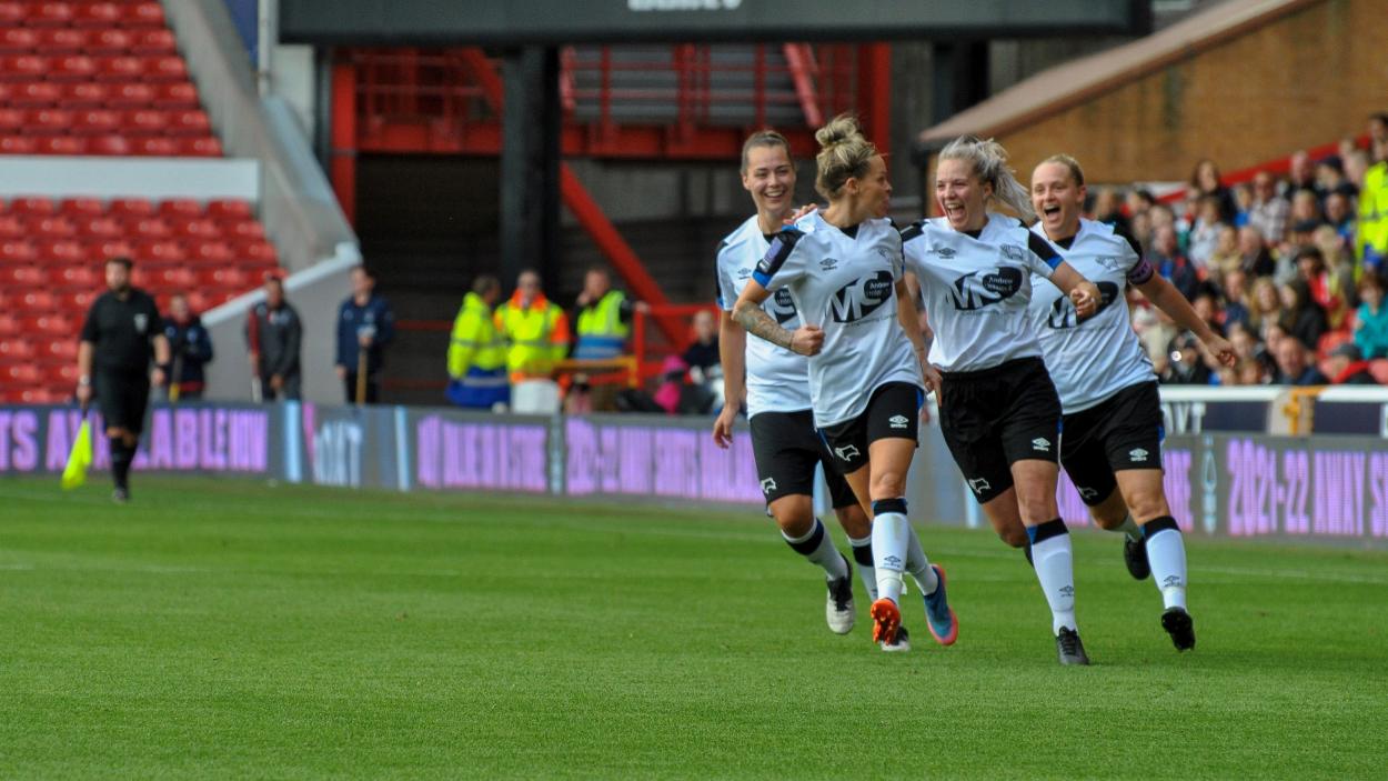 Derby celebrate their second against local rivals Nottingham Forest | Photo: @TerriLeePhotos