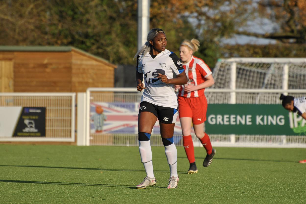 Precious Hamilton in action during Derby's FA Women's Cup fixture against Stourbridge LFC | Photo: @TerriLeePhotos