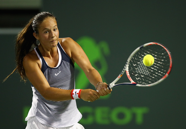 Daria Kasatkina hits a backhand during her loss to Simona Halep in the second round of the Miami Open/Getty Images