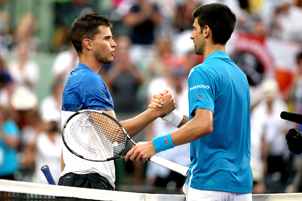 Dominic Thiem shakes hands after losing to Novak Djokovic at the Miami Open. Photo: Matthew Stockman / Getty Images