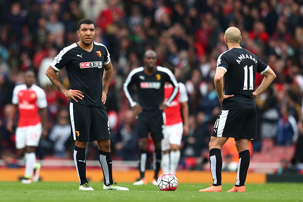 The Watford players stand in frustration after being hit for four. Photo: Getty Images