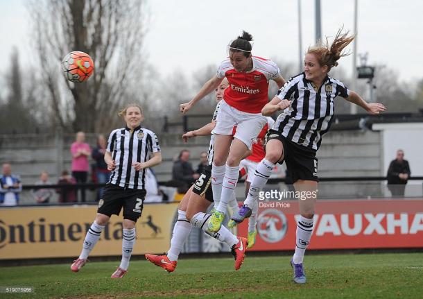 Sophie Bradley-Auckland battles for the ball against Arsenal in one of six WSL appearances she made in 2016. (Photo by David Price/Arsenal FC via Getty Images)