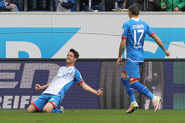 Mark Uth celebrates after scoring for Hoffenheim last season against Hertha BSC. (Photo: DANIEL ROLAND/AFP/Getty Images)