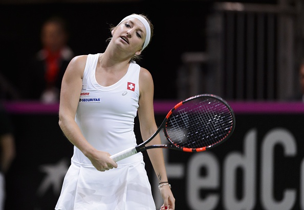 Bacsinszky reacts after a point in her match against Pliskova. Photo credit: Fabrice Coffrini/Getty Images.