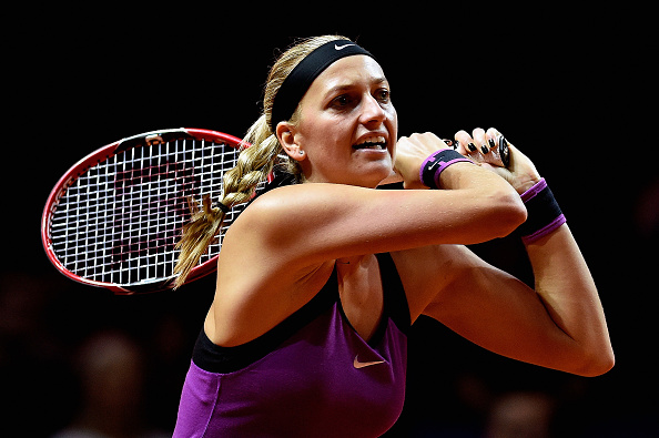 Kvitova returns a backhand to Chirico. Photo credit: Dennis Grombkowski/Getty Images.