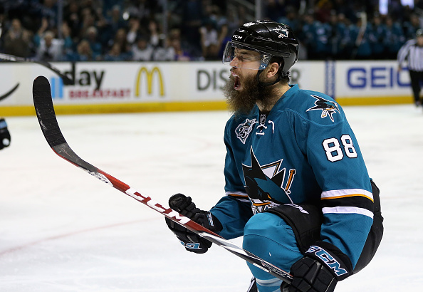 Brent Burns #88 of the San Jose Sharks celebrates after he scored a goal in the second period against the Los Angeles Kings in Game Four of the Western Conference First Round during the NHL 2016 Stanley Cup Playoffs at SAP Center on April 20, 2016 in San Jose, California. (Photo by Ezra Shaw/Getty Images)