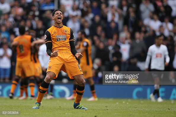 Davies celebrates Hull's emphatic play-off first leg win at Derby. (picture: Getty Images / Matthew Ashton - AMA)