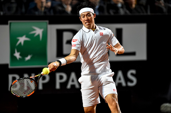 Kei Nishikori hits a forehand at the Internazionali BNL d'Italia in Rome/Getty Images