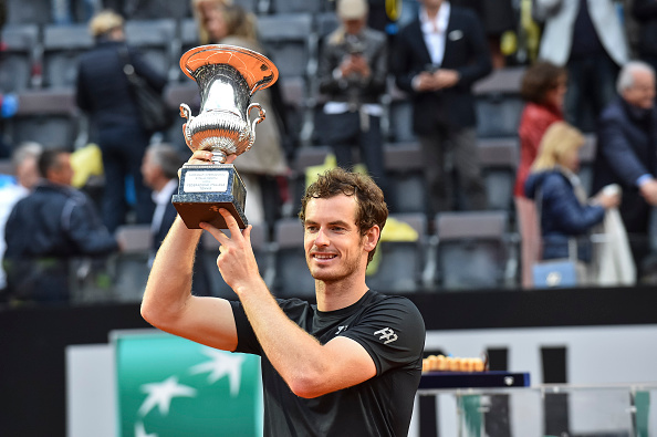 Andy Murray holds the trophy after his win at the Italian Open.  (Photo by Giuseppe Maffia / DPI / NurPhoto via Getty Images)