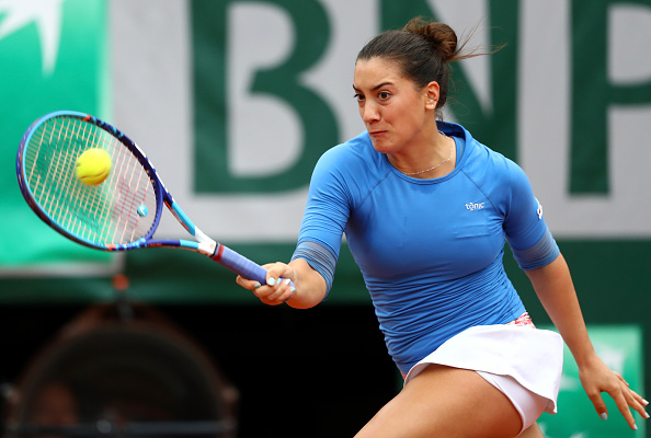 Danka Kovinic hits a forehand at the 2016 French Open. (Photo by Julian Finney/Getty Images)