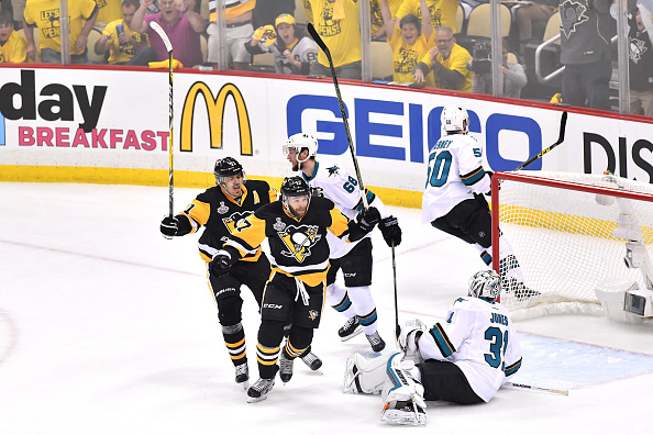 Bryan Rust celebrates after scoring the opening goal of the Stanley Cup Final for the Penguins/Photo: Jamie Sabau/Getty Images