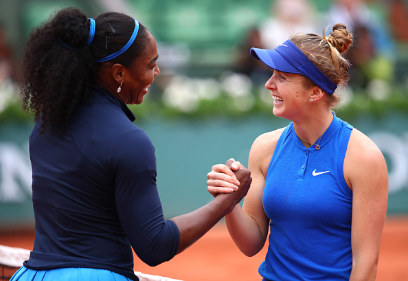 Serena Williams of the United States shakes hands with Elina Svitolina of Ukraine following her victory during the Ladies Singles fourth round match on day eleven of the 2016 French Open. (Photo by Clive Brunskill/Getty Images)