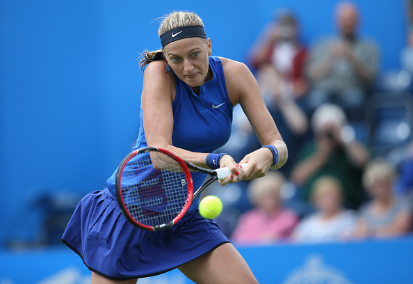 Kvitova plays a backhand in her opening round clash. Photo credit: Steve Bardens/Getty Images.