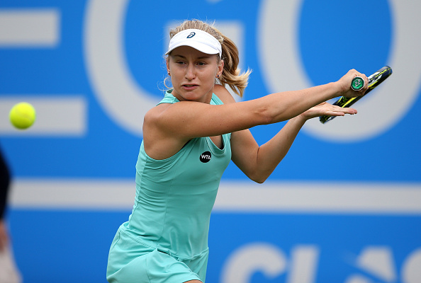 Gavrilova reaches for a backhand in her second round match at the Aegon Classic Birmingham. Photo credit: Steve Bardens/Getty Images.