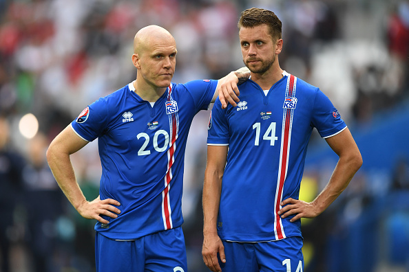 Emil Hallfredsson and Kari Arnason of Iceland look dejected after conceding a late goal during the UEFA EURO 2016 Group F match between Iceland and Hungary at Stade Velodrome on June 18, 2016 in Marseille, France. (Photo by Laurence Griffiths/Getty Images)