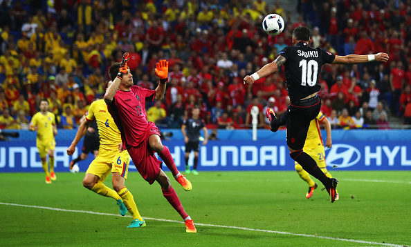 Sadiku heads home a piece of history for Albania! (Photo: Michael Steele/Getty Images)