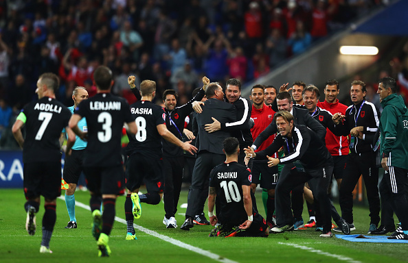 A huge goal for Albania. Just look how much it means to them. (Photo: Michael Steele/Getty)