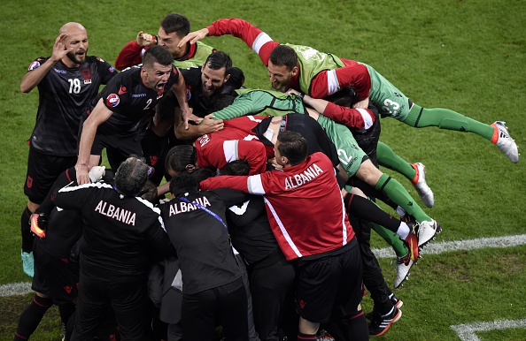Albania celebrate their historic goal - will we see similar scenes from the Iceland players tomorrow? (Photo: JEAN-PHILIPPE KSIAZEK/AFP/Getty Images)